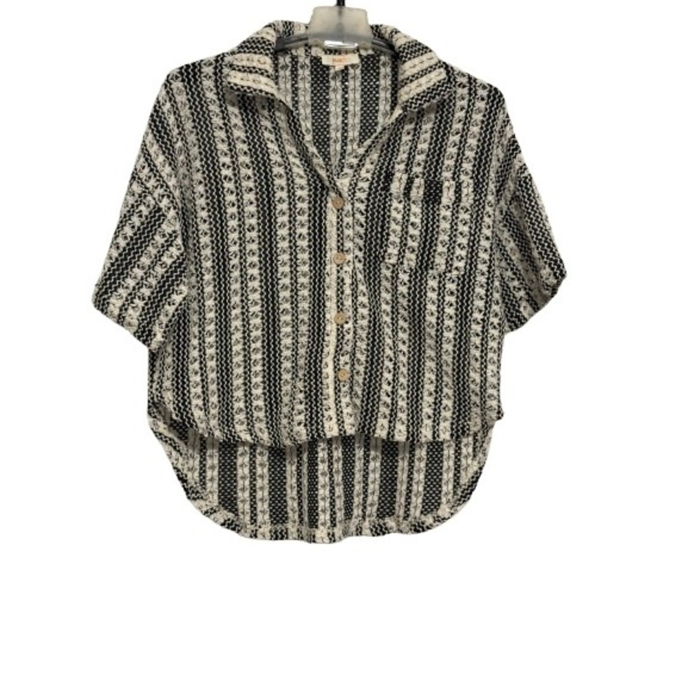 Peach Black White Open Knit Striped Button Down Shirt Boho Boxy Top Size M